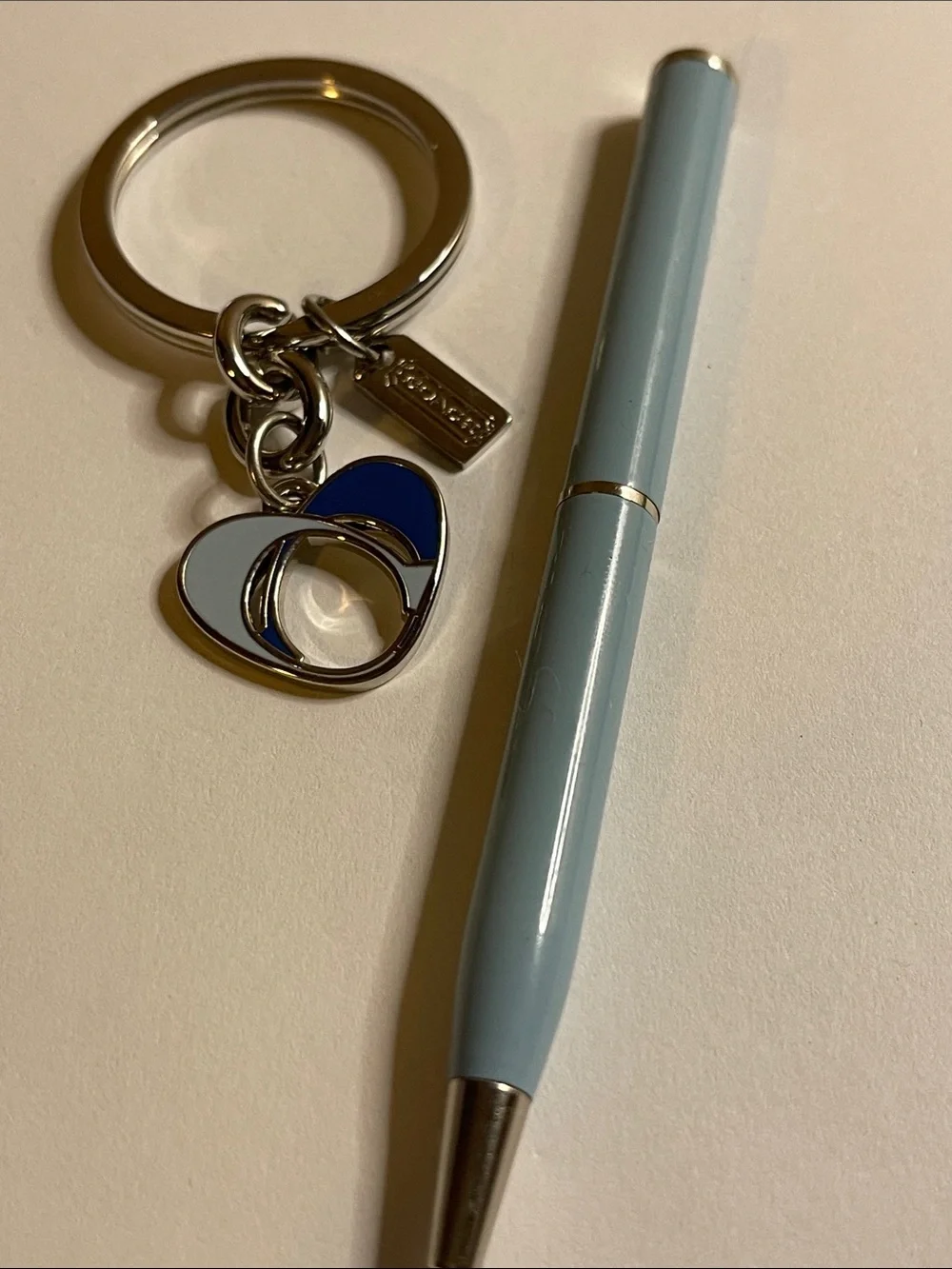Coach Silver-Tone Heart Keyring with Navy and Light Blue Enamel & Pale Blue Pen